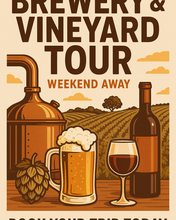 Weekend away amongst the vines. Brewery and vineyard tours.