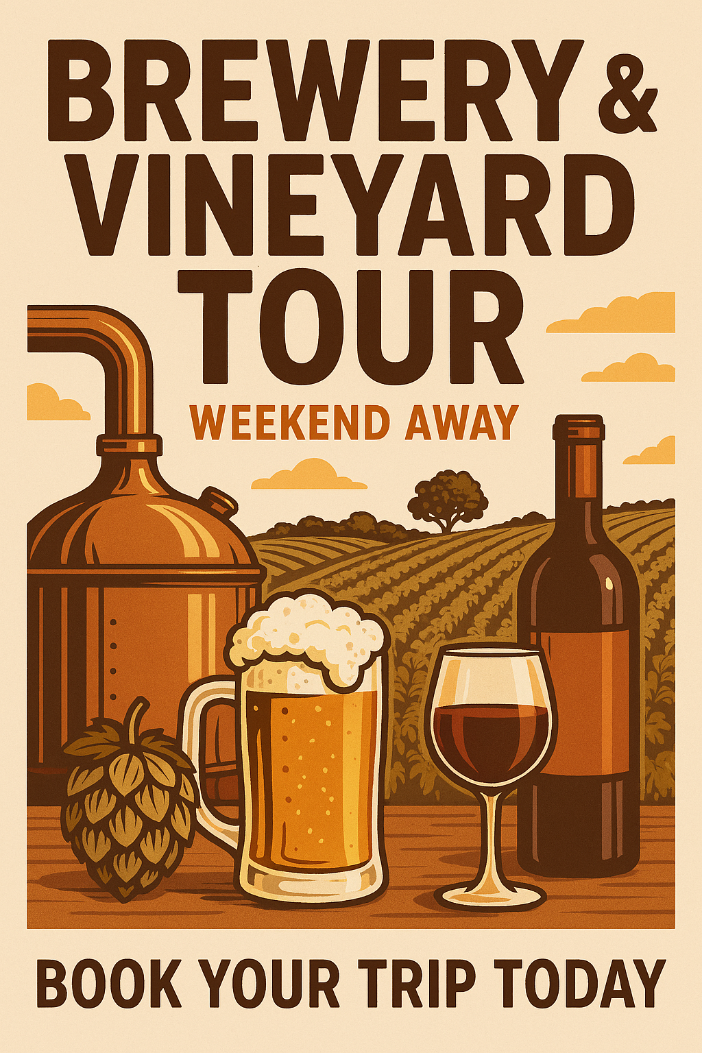 Weekend away amongst the vines. Brewery and vineyard tours.